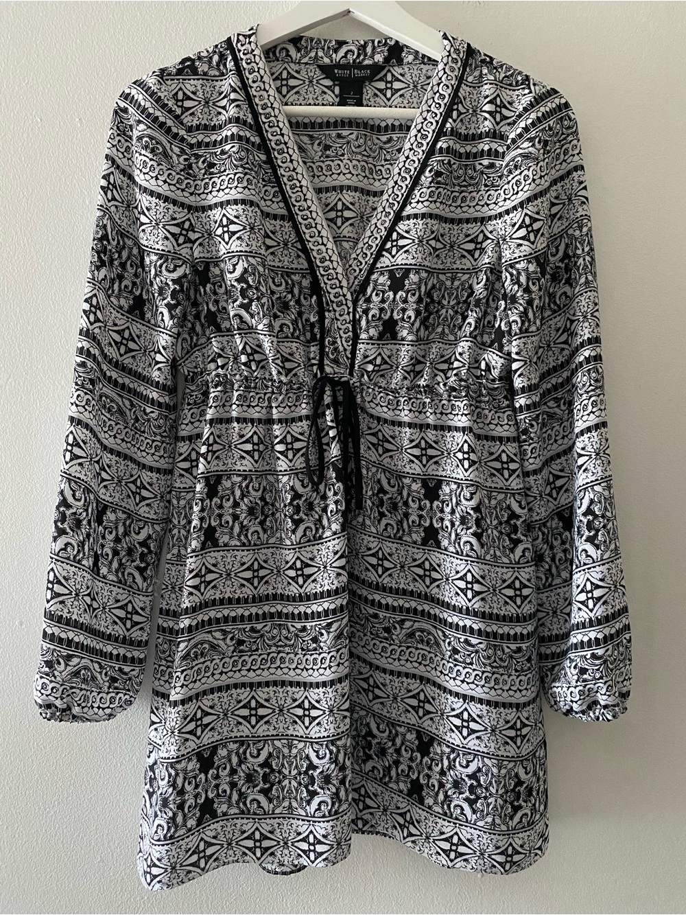 White House Black Market Black and White Geometric Tie-Front Tunic